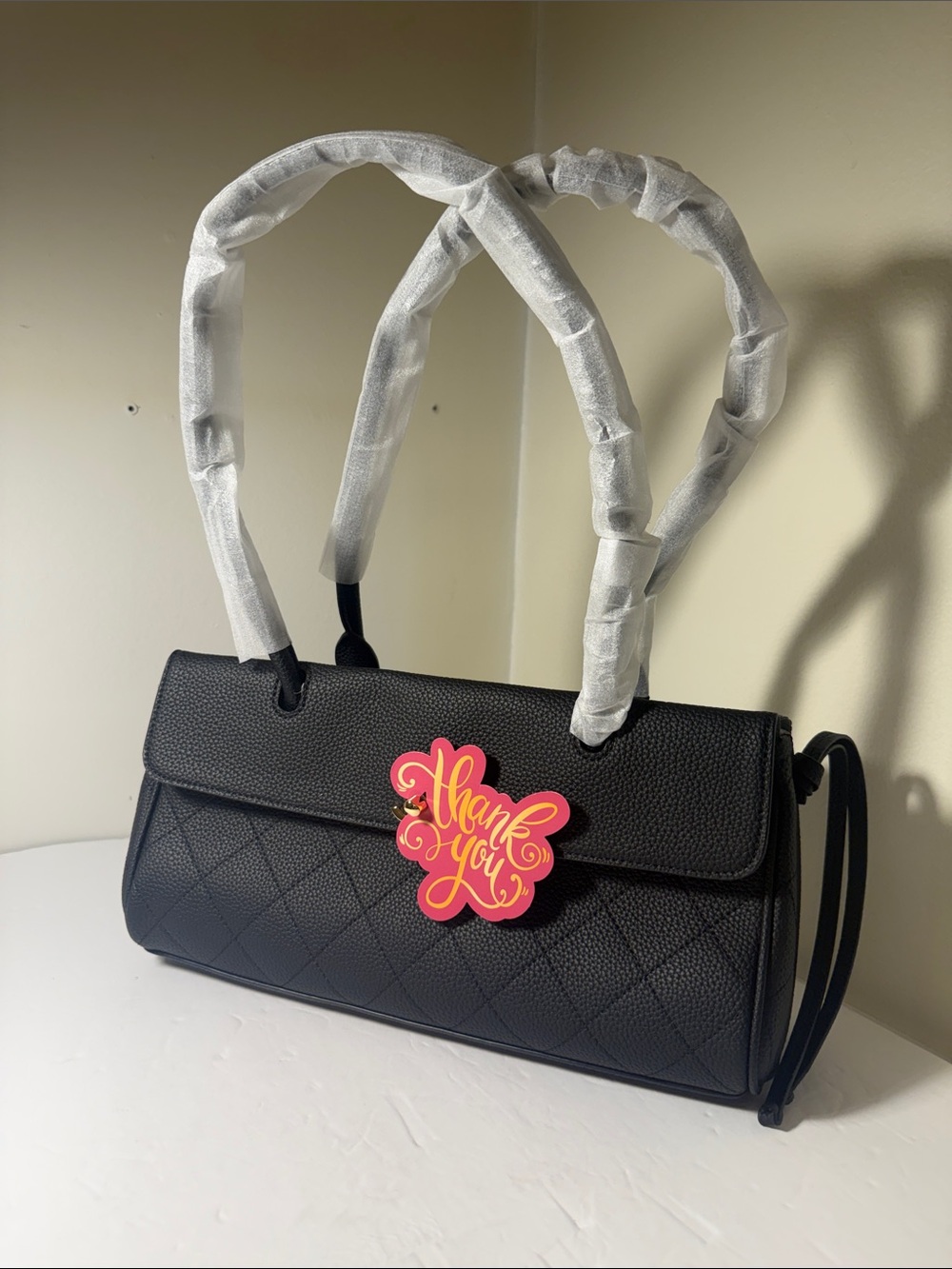 Textured Quilted Black Shoulder Bag with Flap - Women's Handbag